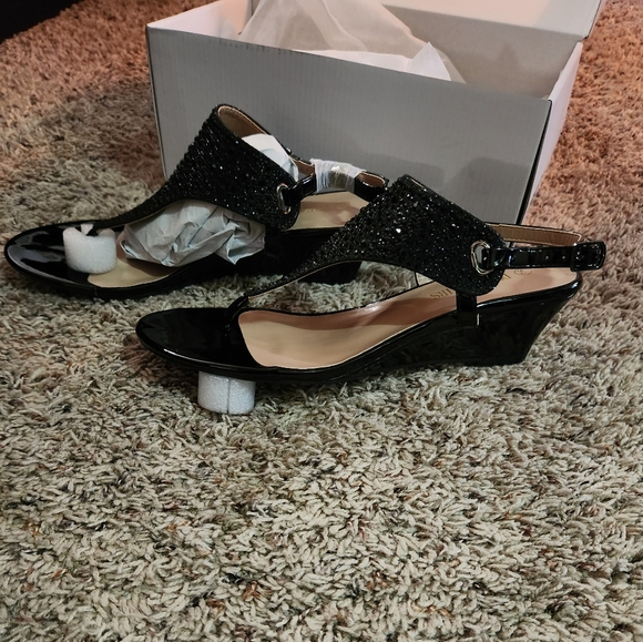 Thong Wedge Sandals Black Sequins Wedge - Picture 3 of 6